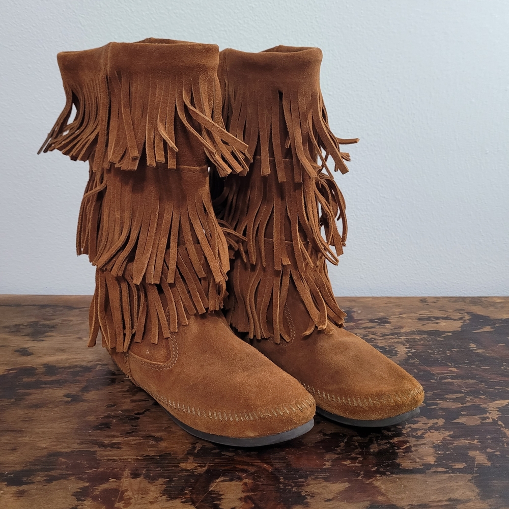 Minnetonka Fringe Moccasin Boots - Tan